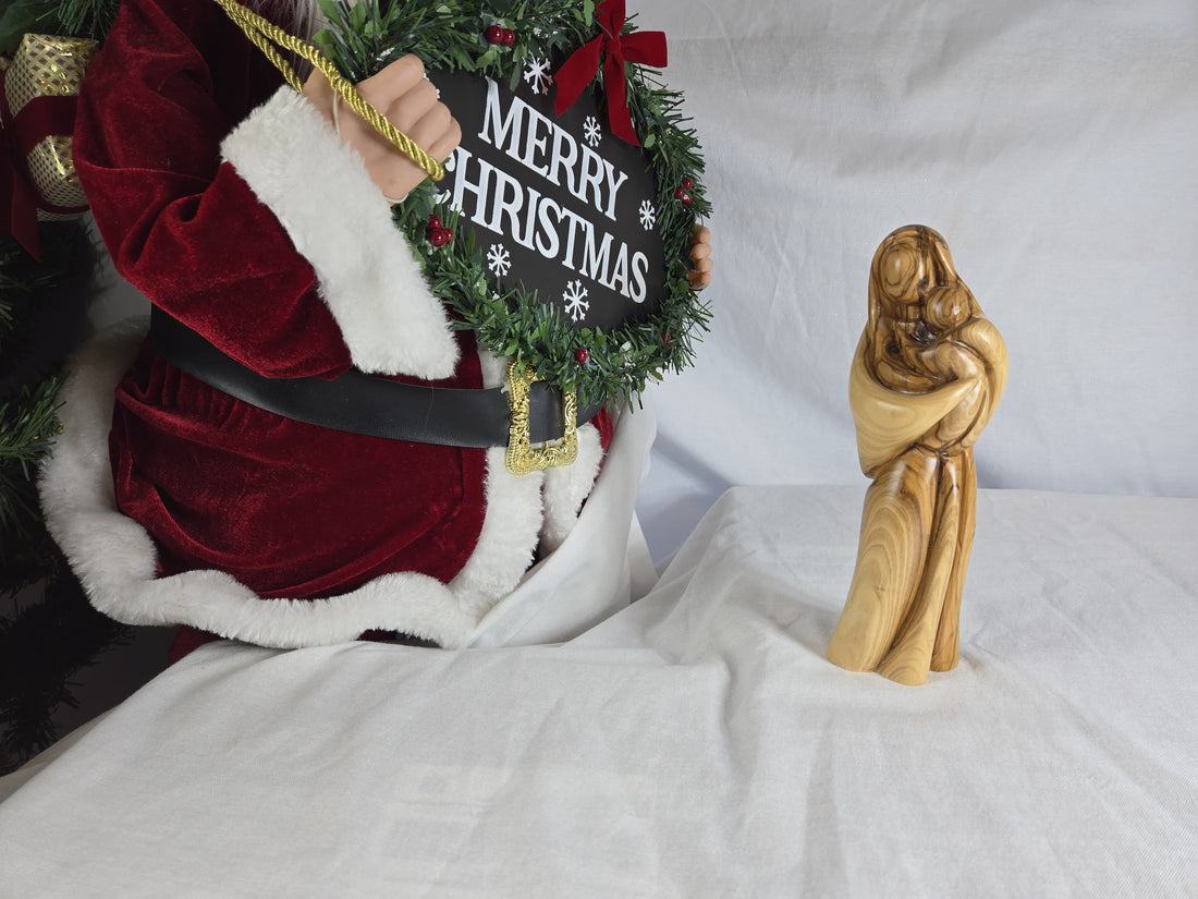Olive Wood Statue of Mary Holding Baby Jesus