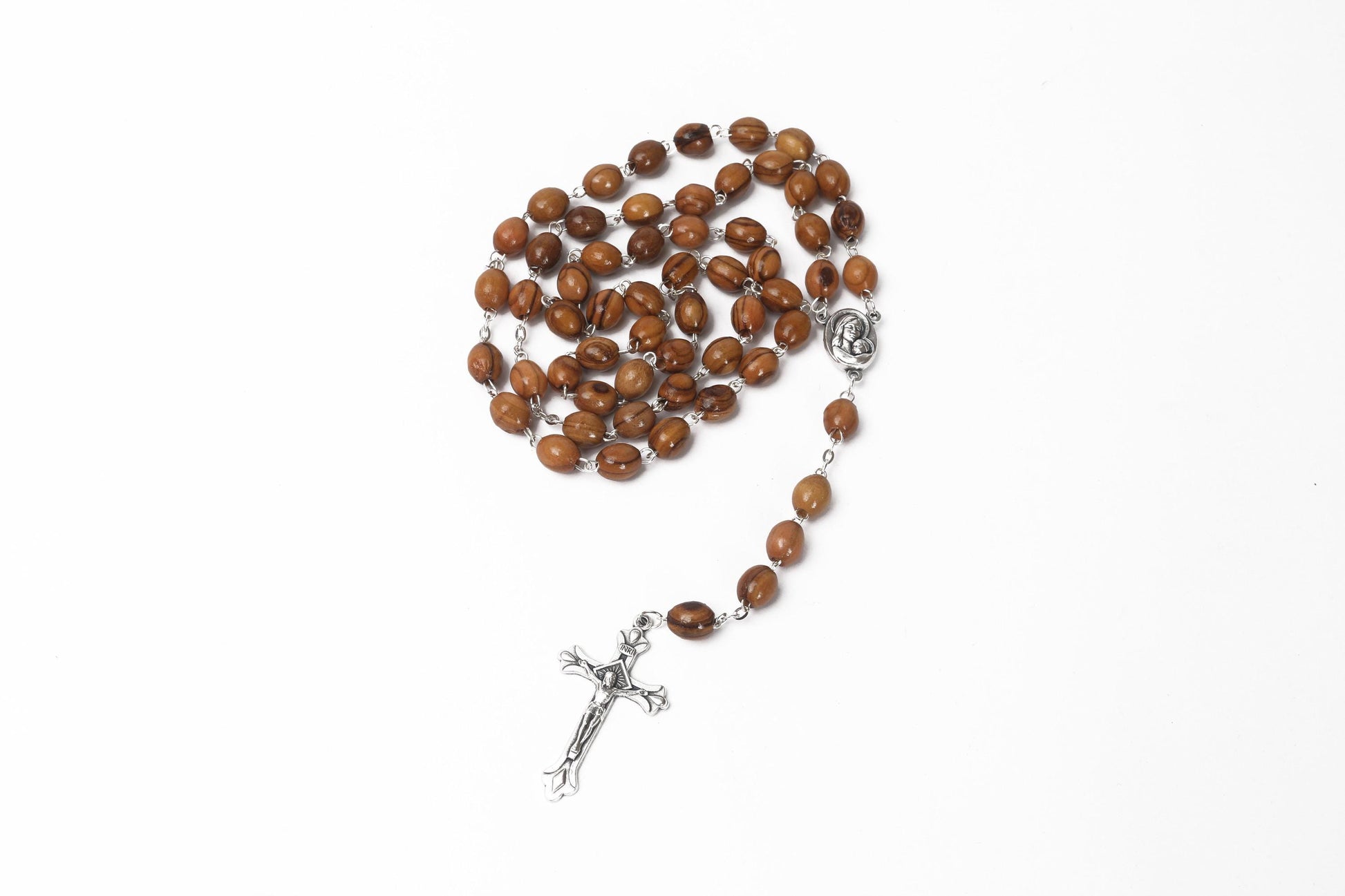 Olive Wood Rosary_ Virgin Mary with Jerusalem Soil Centerpiece
