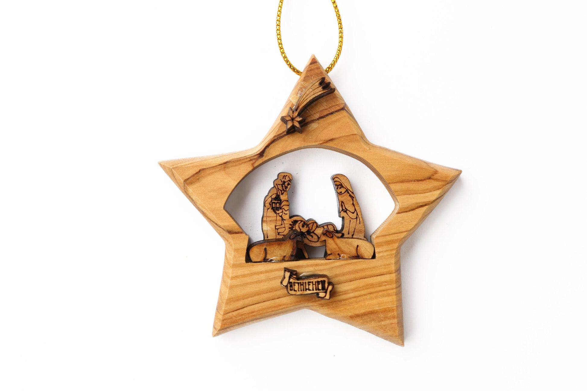 Olive Wood Ornament_ Star of Bethlehem with Nativity Scene