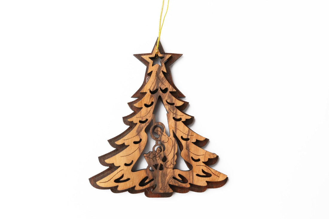 Olive Wood Ornament_ Double Layered Christmas Tree with Mary and Jesus