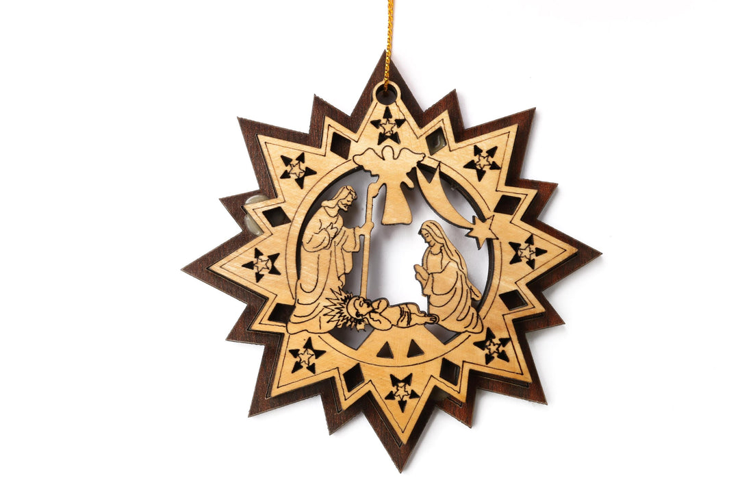 Olive Wood Ornament_ Double Layered Star with Nativity Scene