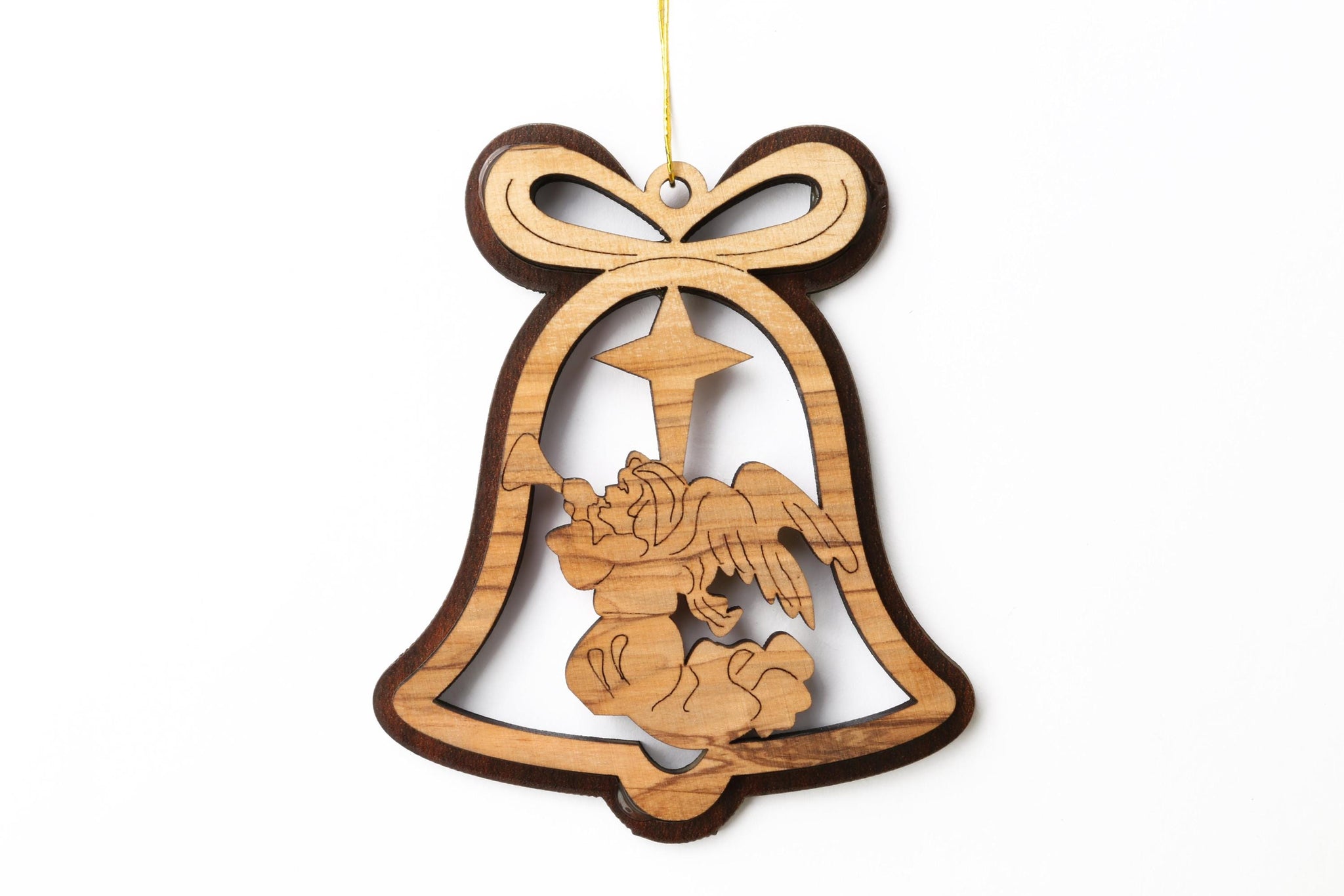 Olive Wood Ornament_ Double Layered Bell with Angel