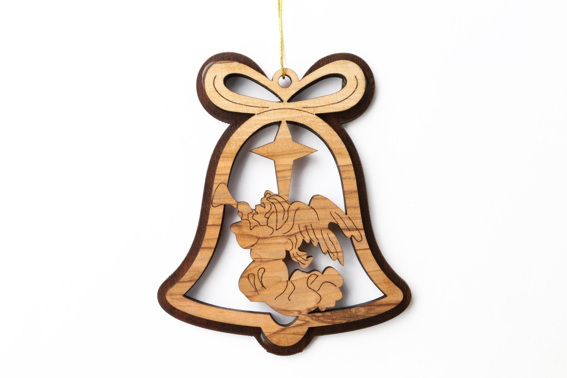 Olive Wood Ornament_ Double Layered Bell with Angel