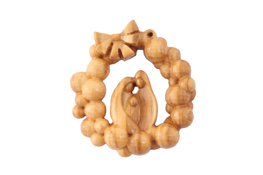 Olive Wood Ornament_ Holy Family in Christmas Wreath