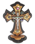 Olive Wood Jerusalem Cross_ Mother Of Pearl with Crucifix and Four Holy Objects Lenses on Stand