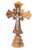 Olive Wood Jerusalem Cross_ Silver Oxide Crucifix on Stand