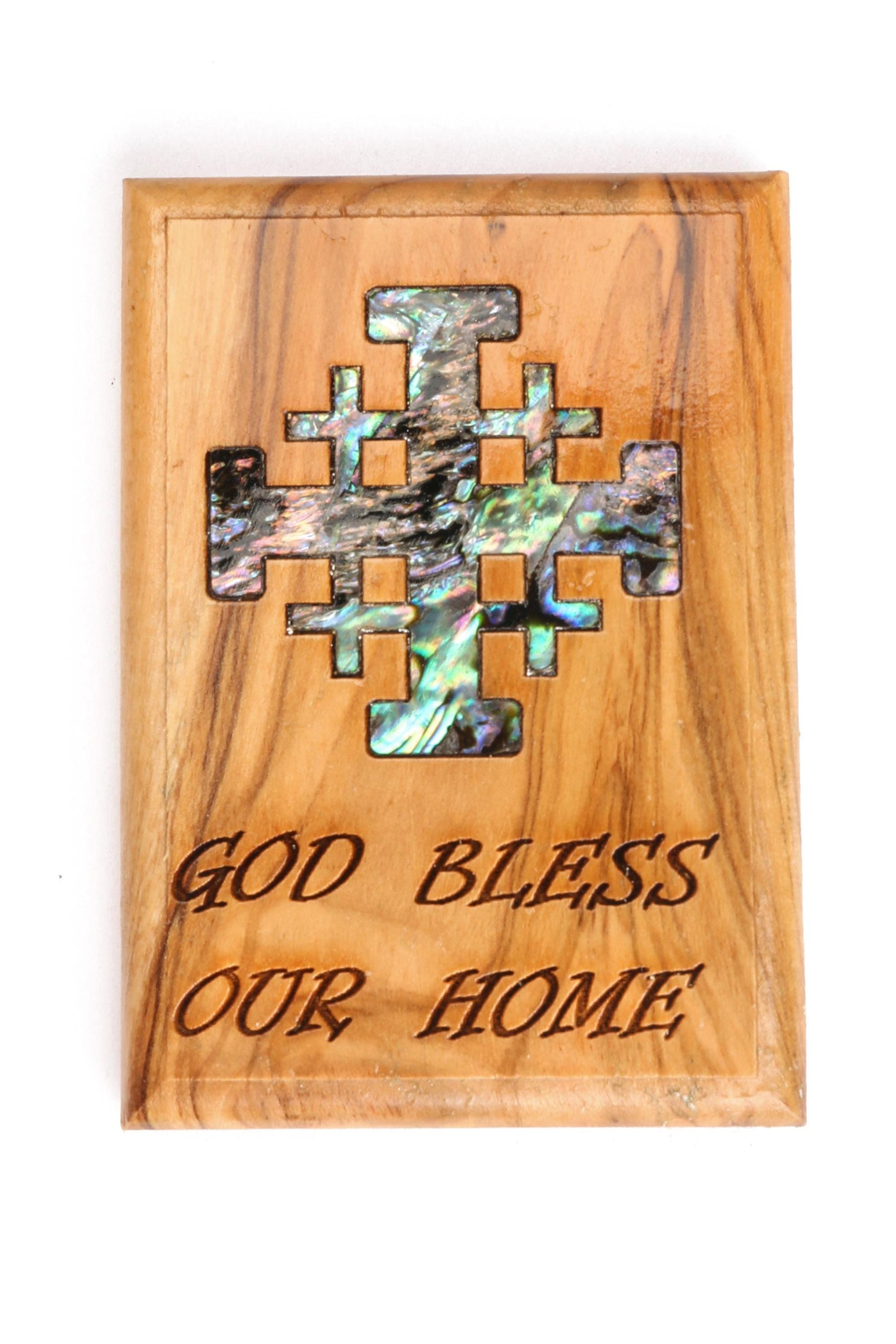 Olive Wood Magnet_ &quot;God Bless Our Home&quot; with Mother of Pearl Jerusalem Cross
