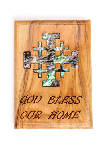 Olive Wood Magnet_ &quot;God Bless Our Home&quot; with Mother of Pearl Jerusalem Cross