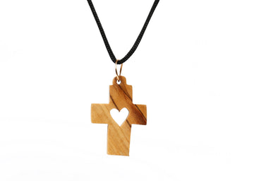 Olive Wood Pendant_ Cross with Hollow Heart