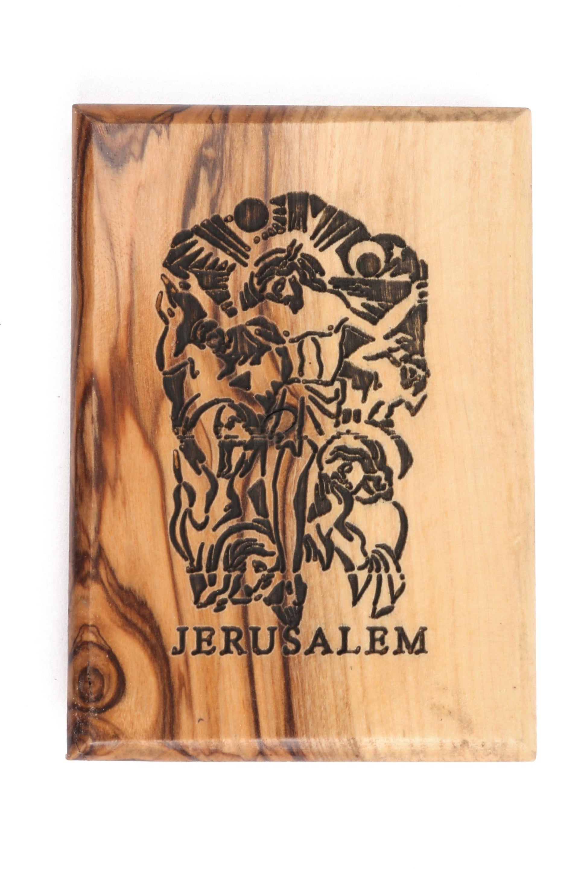 Olive Wood Magnet_ &quot;Jerusalem&quot; with Depiction of Crucifixion