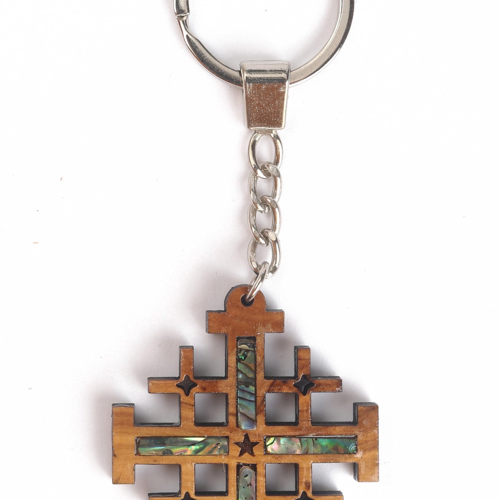 Olive Wood Keychain_ Jerusalem Cross with Abalone Shell