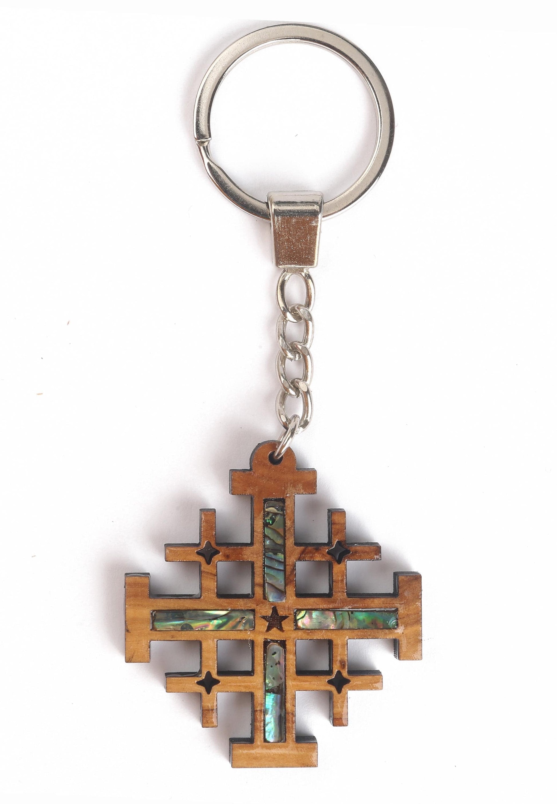 Olive Wood Keychain_ Jerusalem Cross with Abalone Shell