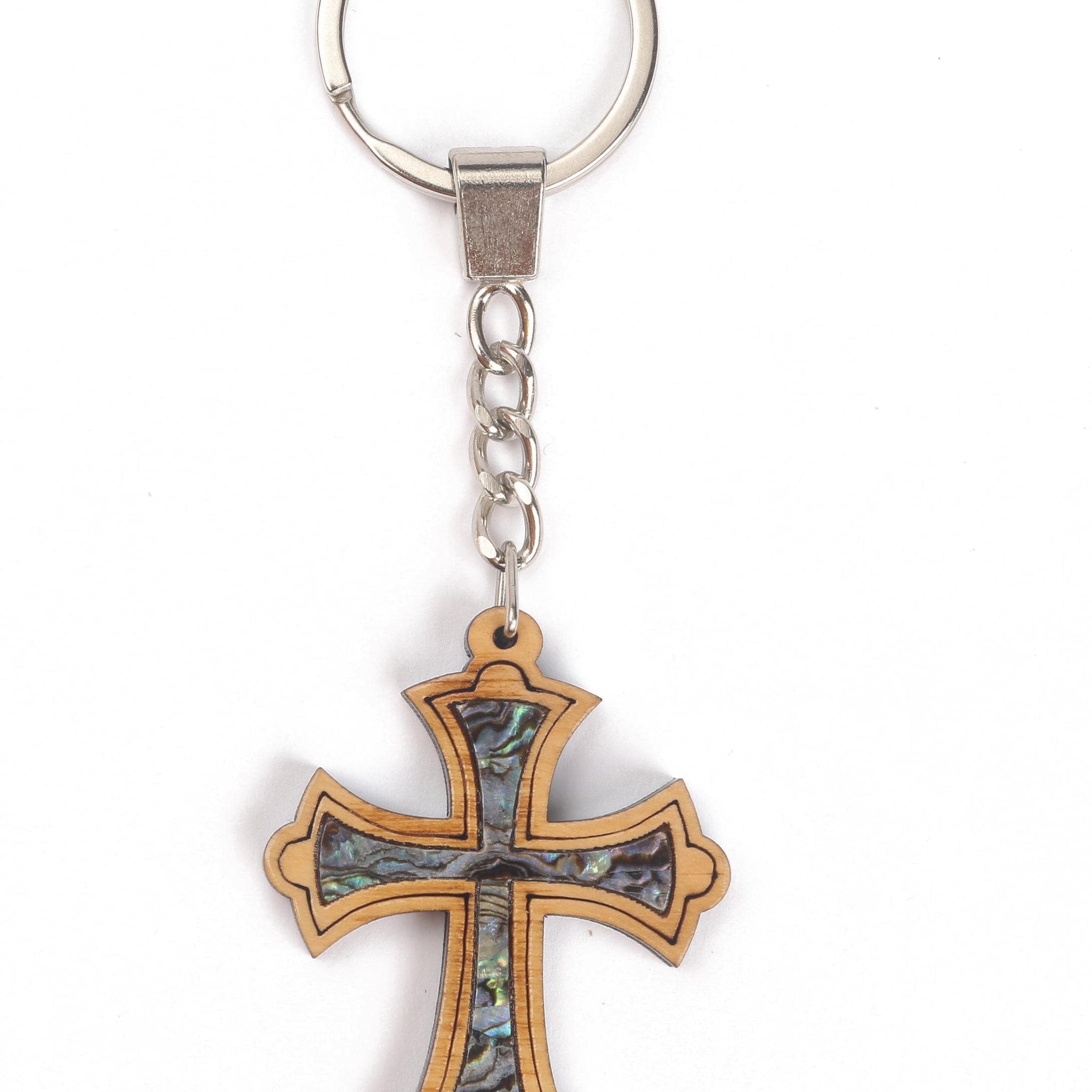 Olive Wood Keychain_ Cross with Mother of Pearl Interior