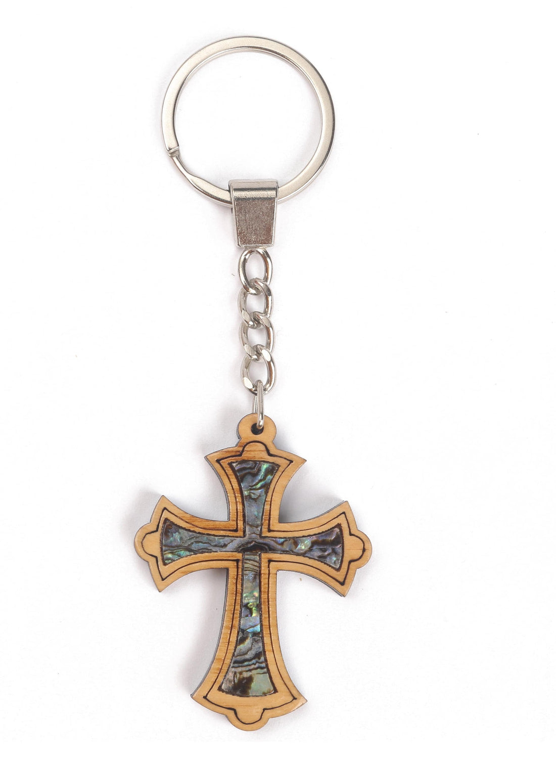 Olive Wood Keychain_ Cross with Mother of Pearl Interior