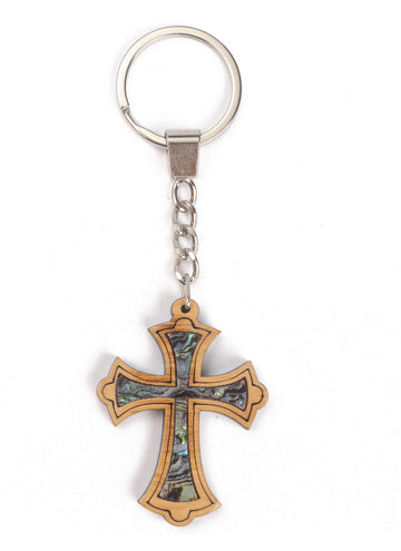 Olive Wood Keychain_ Cross with Mother of Pearl Interior