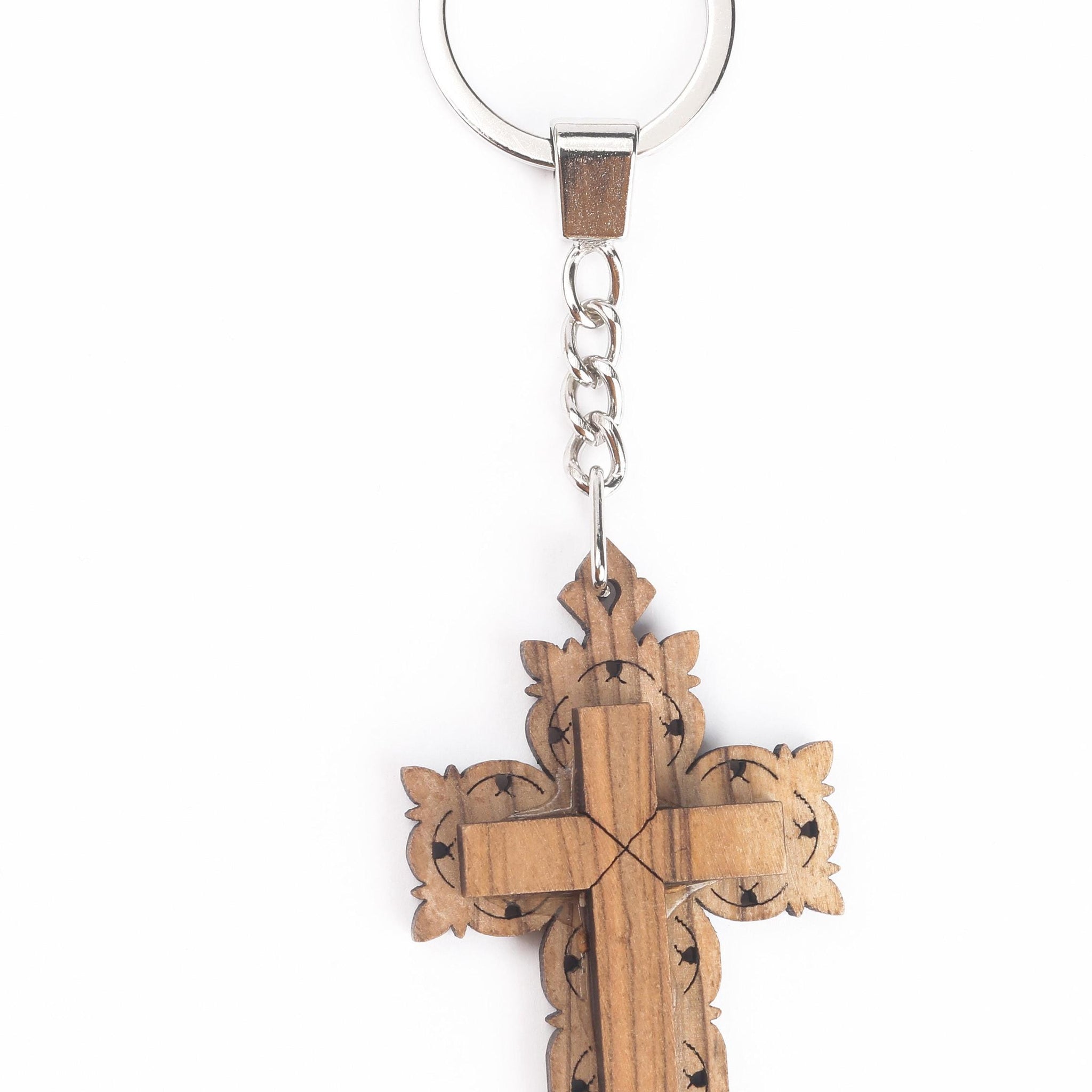 Olive Wood Keychain_ Cross with Exterior Detail