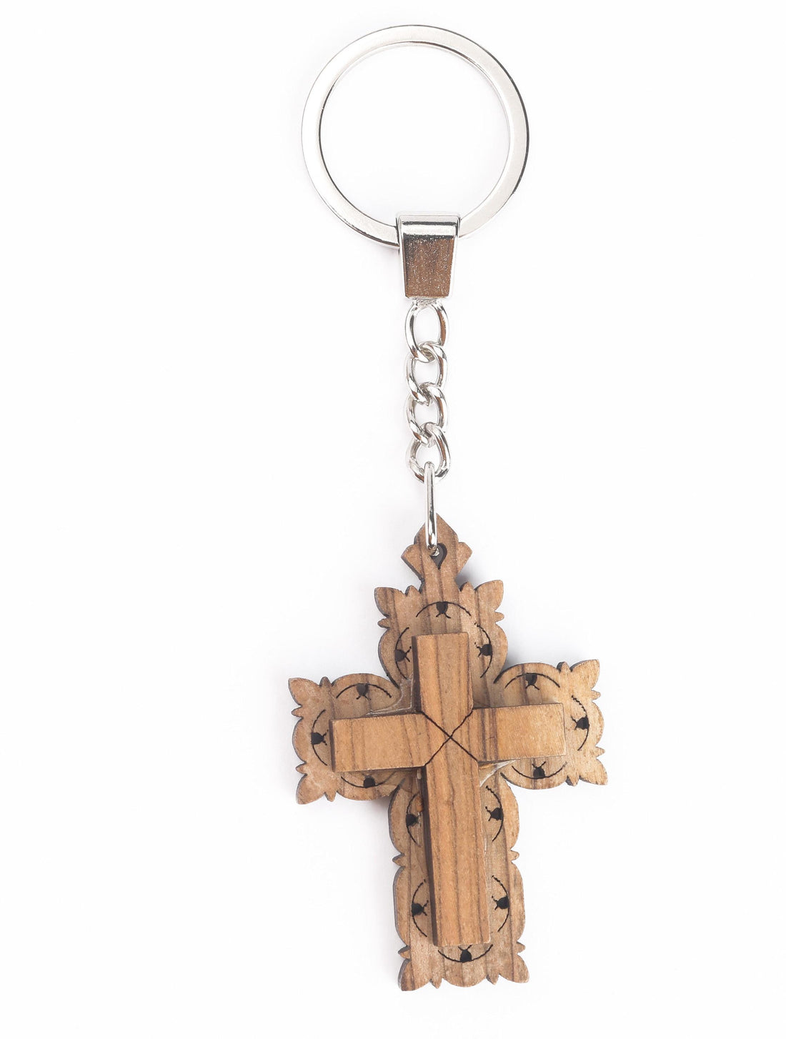 Olive Wood Keychain_ Cross with Exterior Detail