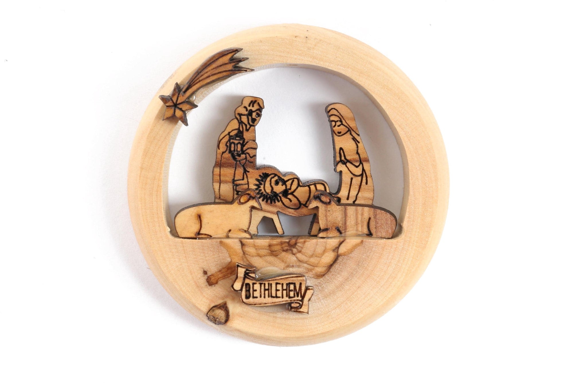 Olive Wood Ornament_ Nativity Scene in Thick Circle