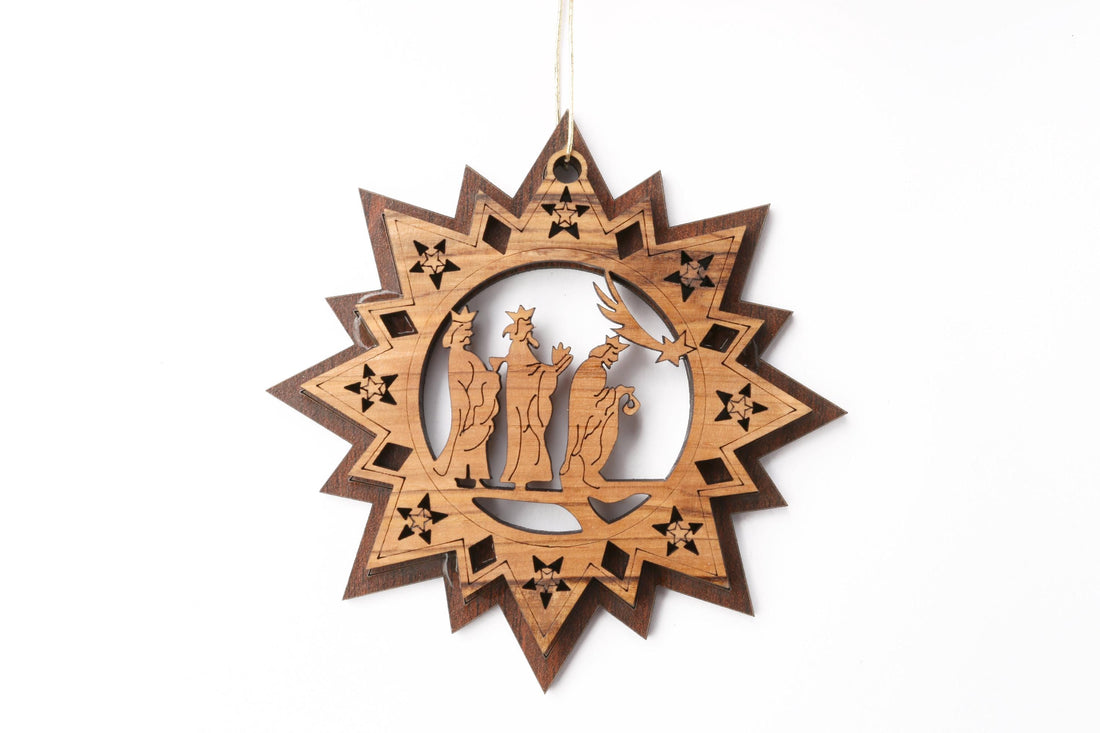 Olive Wood Ornament_ Double Layered Star with Three Wise Men