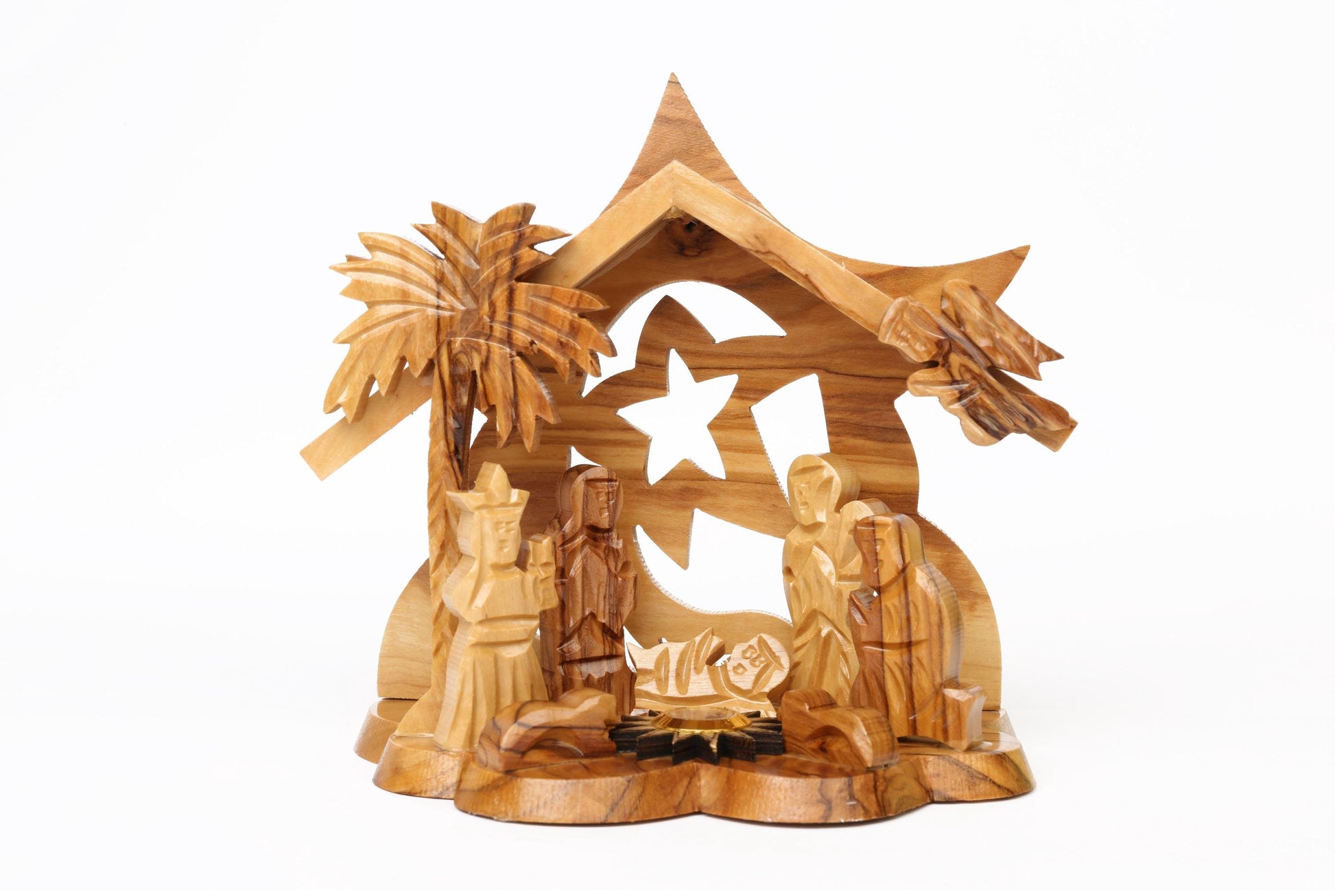 Olive Wood Nativity Scene_ Grotto and Star of Bethlehem Background
