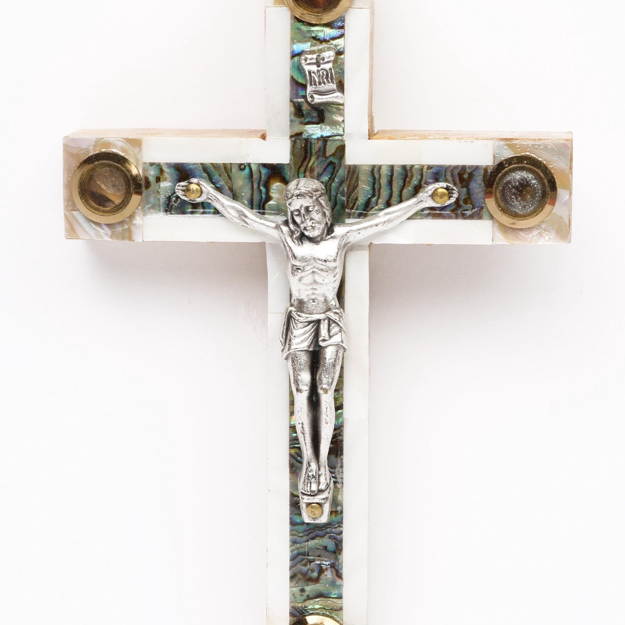 Mother of Pearl Latin Cross_ Silver Oxide Crucifix and Four Holy Objects Lenses