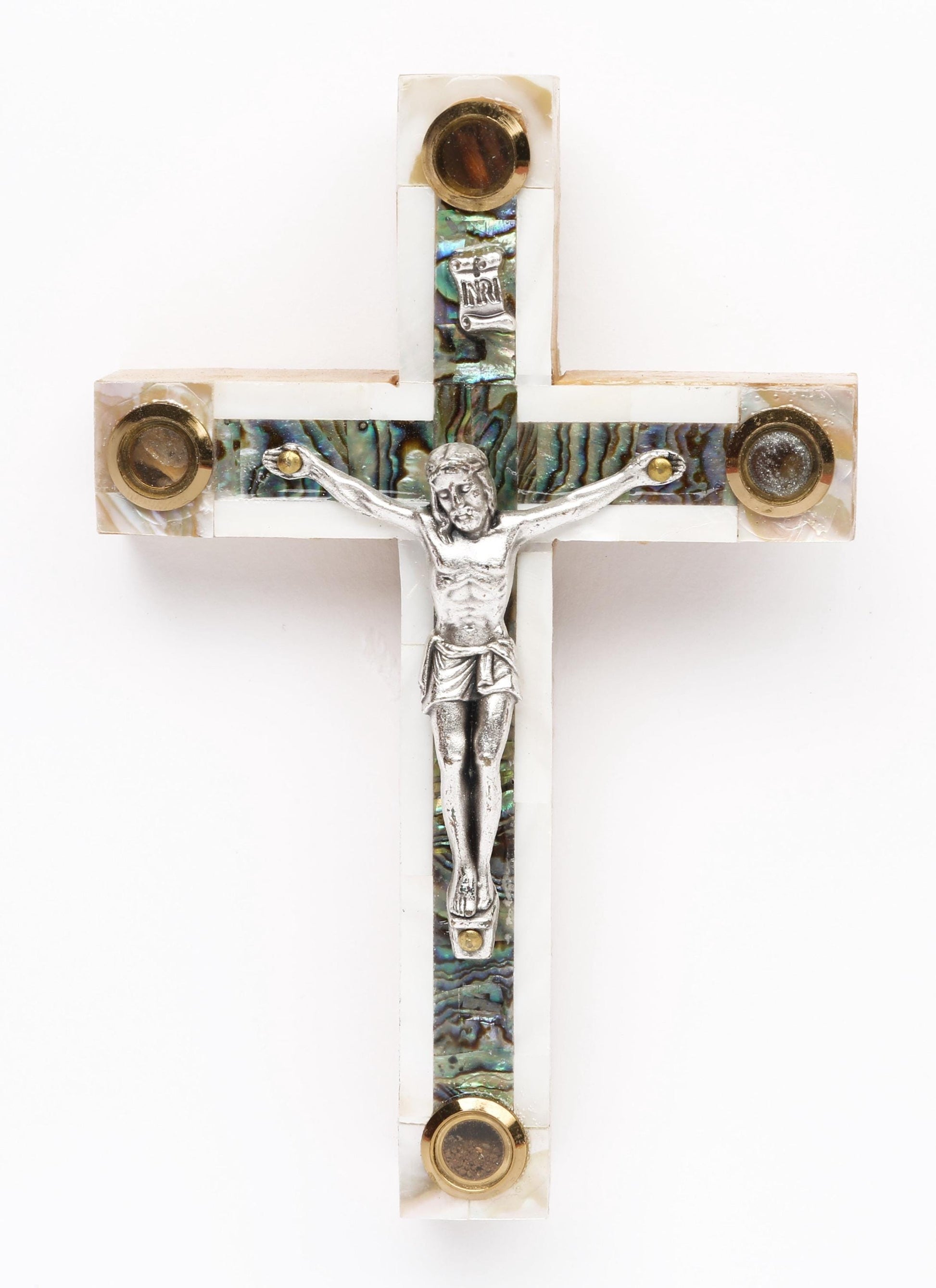 Mother of Pearl Latin Cross_ Silver Oxide Crucifix and Four Holy Objects Lenses