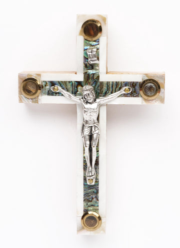 Mother of Pearl Latin Cross_ Silver Oxide Crucifix and Four Holy Objects Lenses