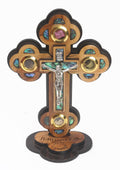 Olive Wood Roman Cross_ Mother Of Pearl with Crucifix and Four Holy Objects Lenses on Stand
