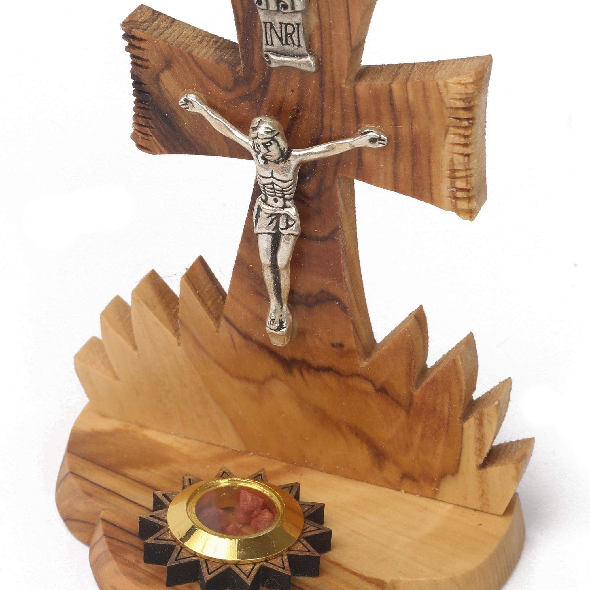 Olive Wood Cross_ Silver Oxide Crucifix with Holy Object