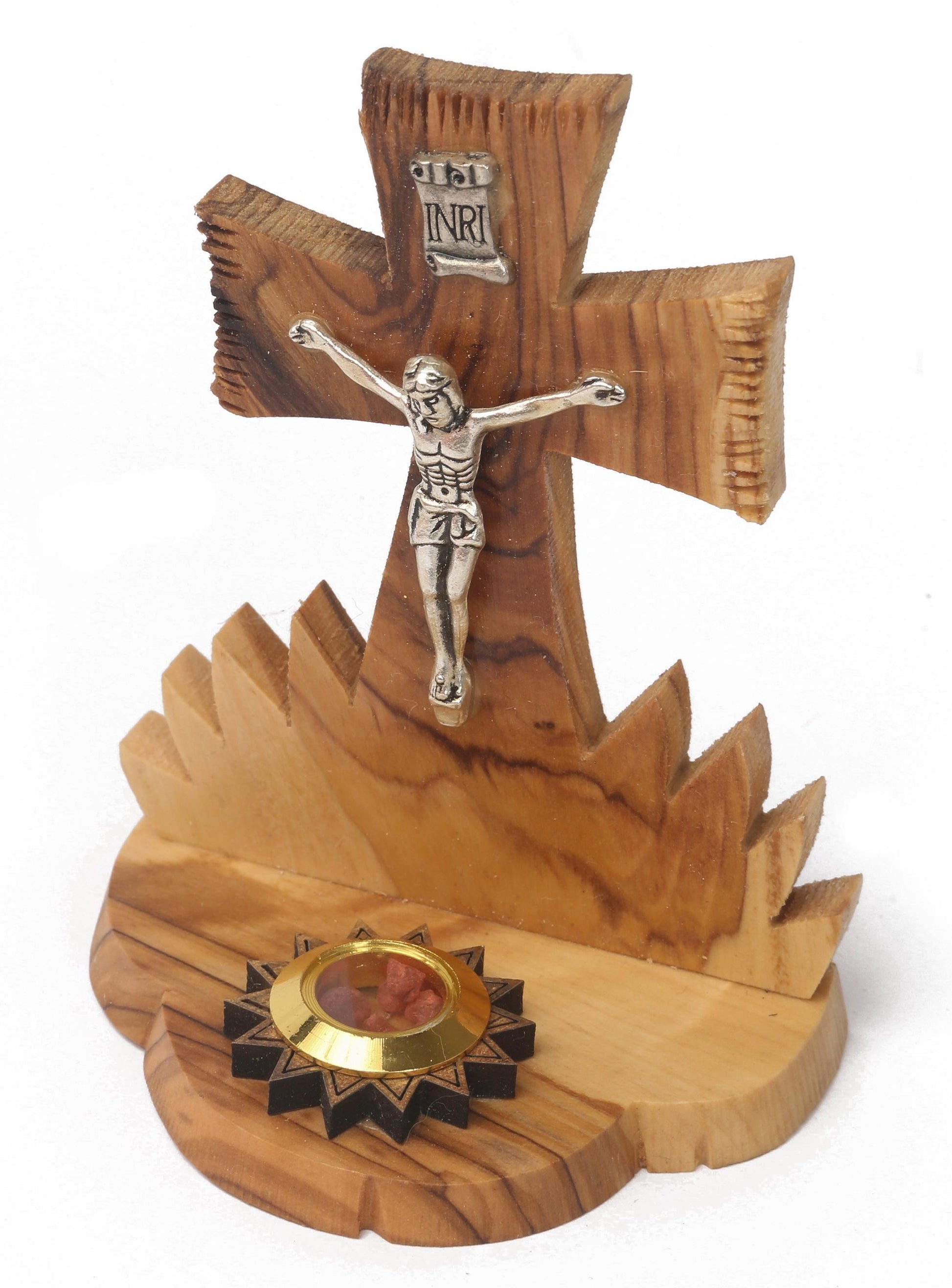 Olive Wood Cross_ Silver Oxide Crucifix with Holy Object