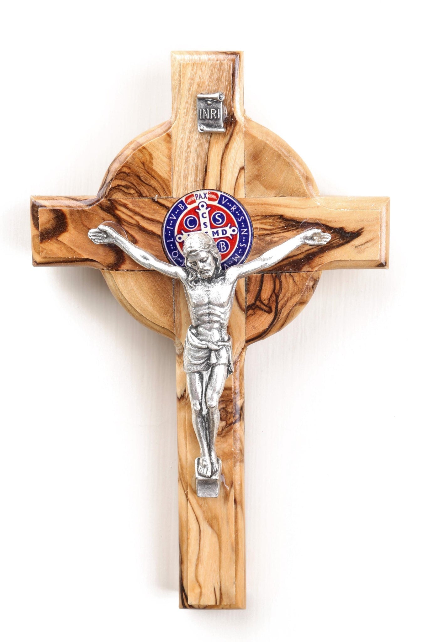 Olive Wood Cross_ St. Benedict with Silver Oxide Crucifix