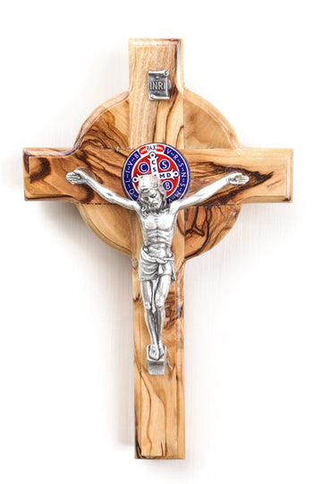Olive Wood Cross_ St. Benedict with Silver Oxide Crucifix