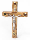 Olive Wood Latin Cross_Silver Oxide Crucifix with Four Holy Objects Lenses