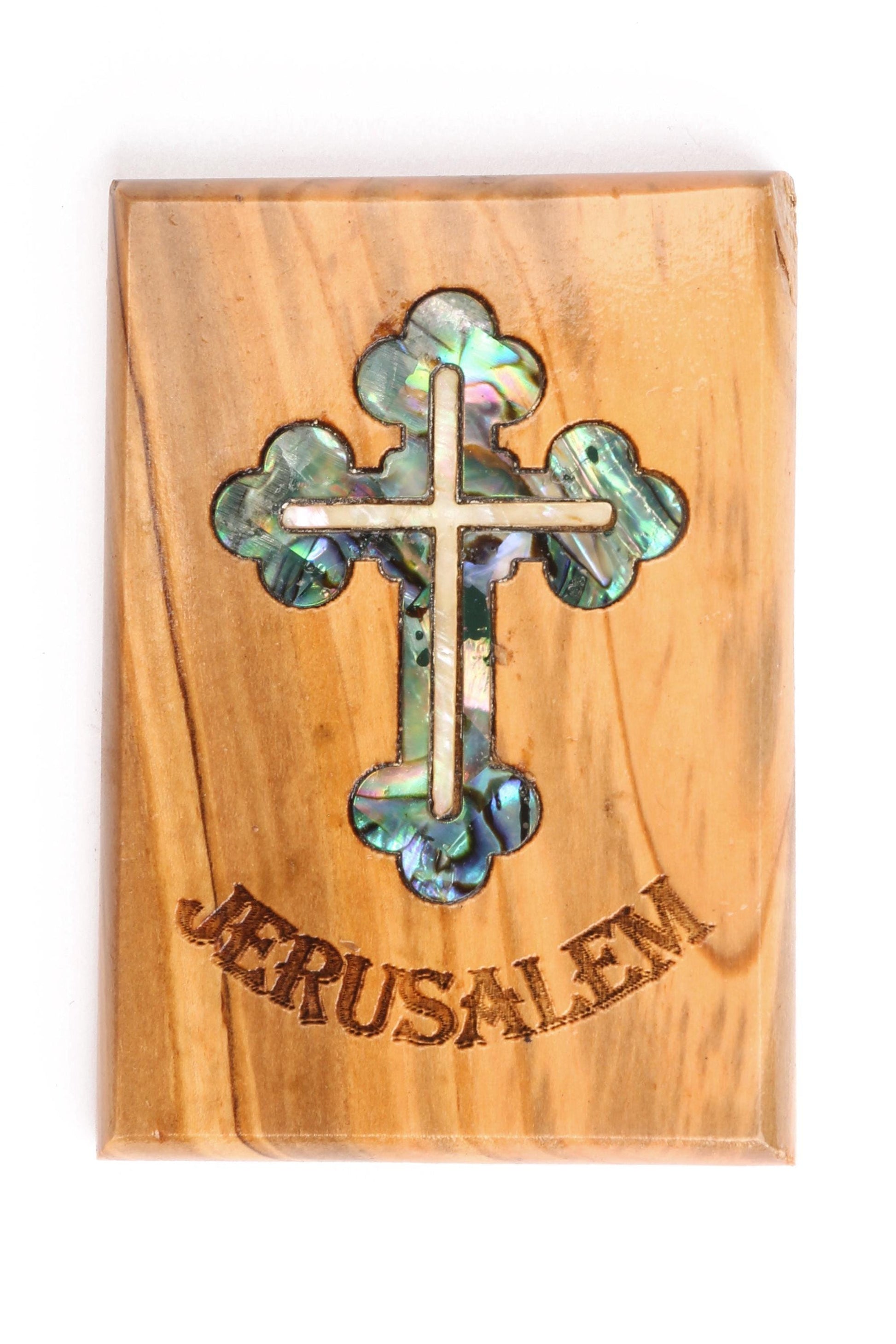 Olive Wood Magnet_ &quot;Jerusalem&quot; with Mother of Pearl Roman Cross