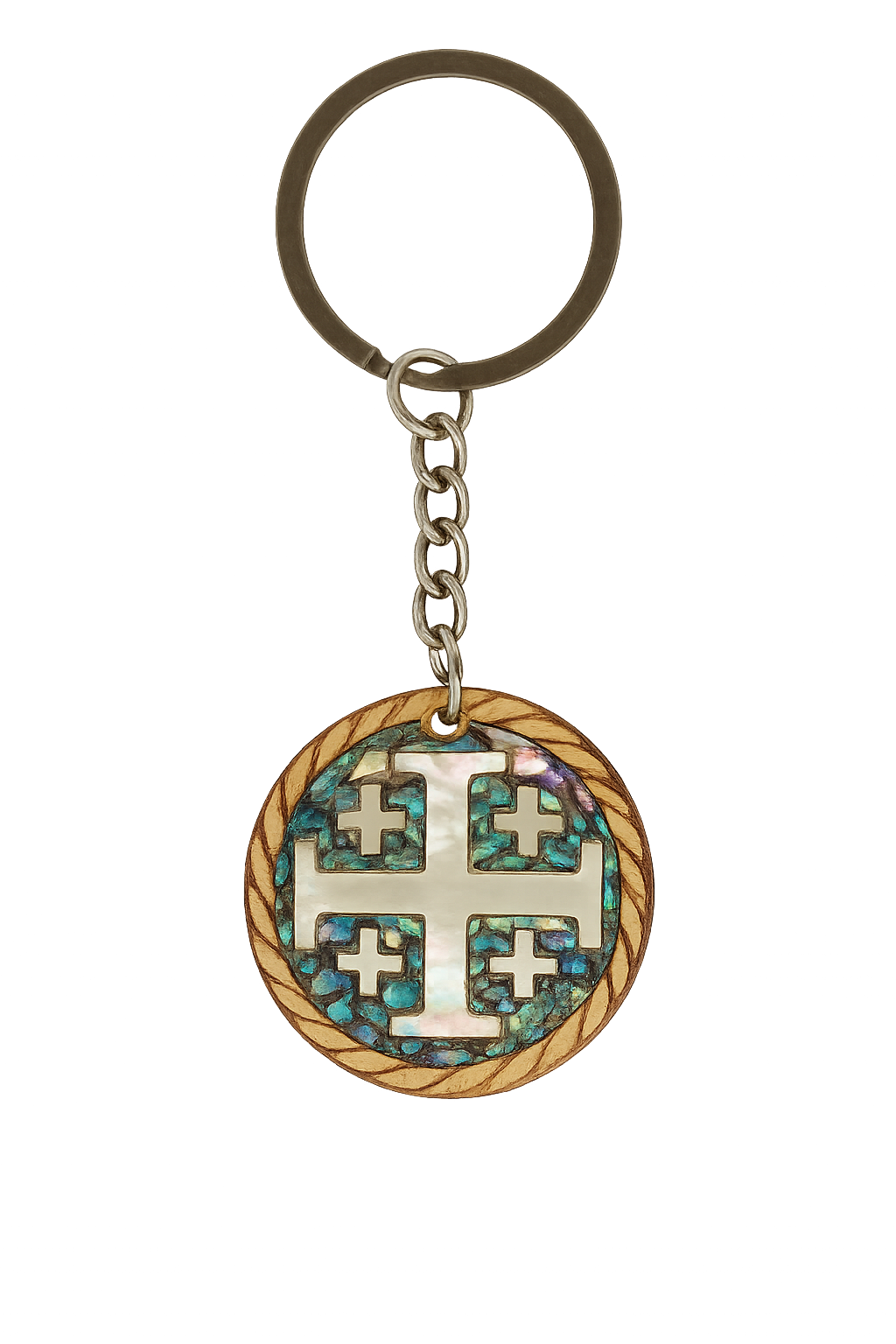 Mother of Pearl Keychain_ Round with Jerusalem Cross