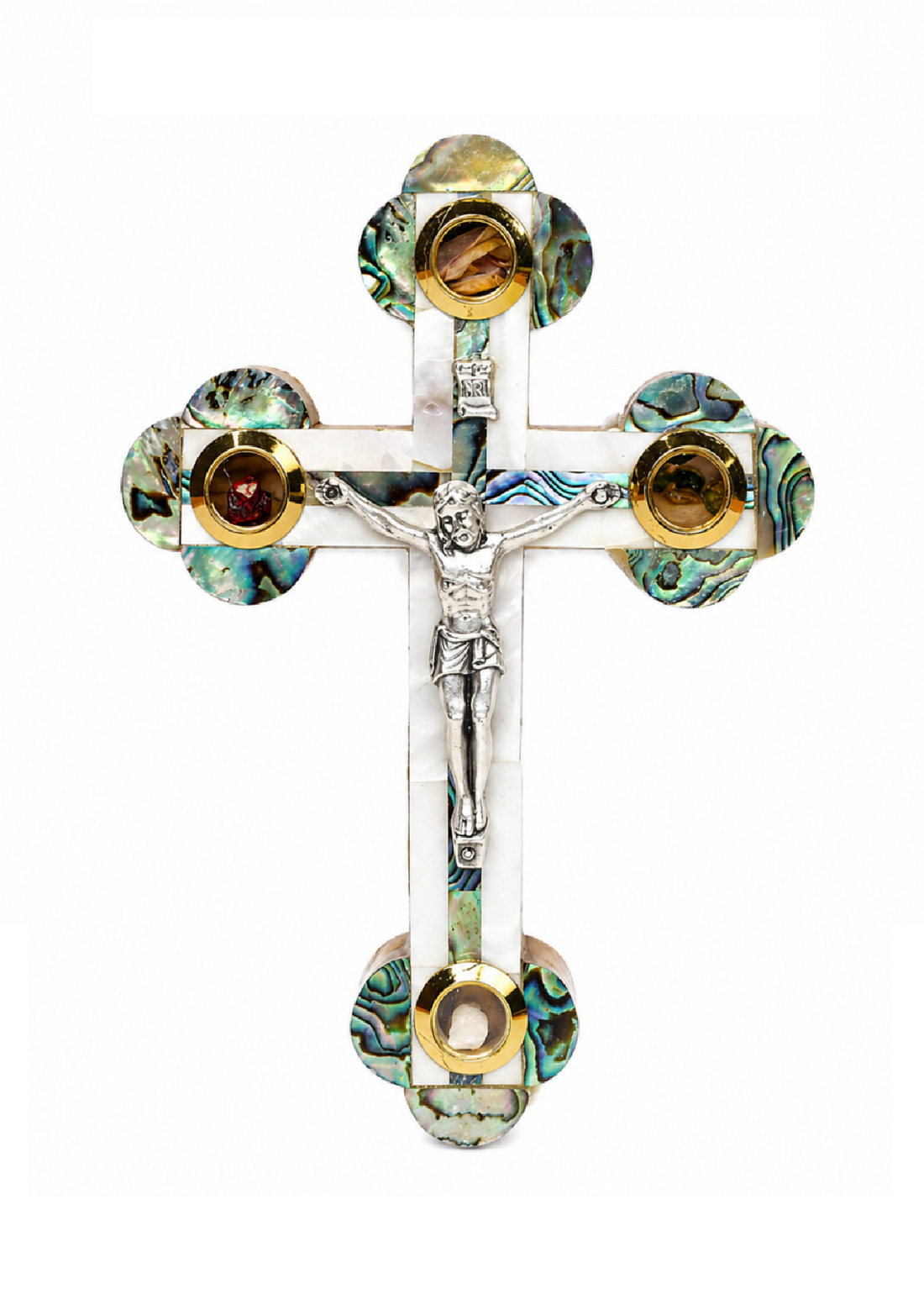 Mother of Pearl Roman Cross_ Abalone Shell with Crucifix and Four Holy Objects Lenses 28cm